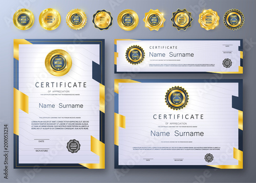 Qualification Certificate of appreciation design. Luxury vip and modern Certificate pattern, best quality award medal template, gold tapes, shapes, set of 6 medals types. Vector illustration. EPS 10.