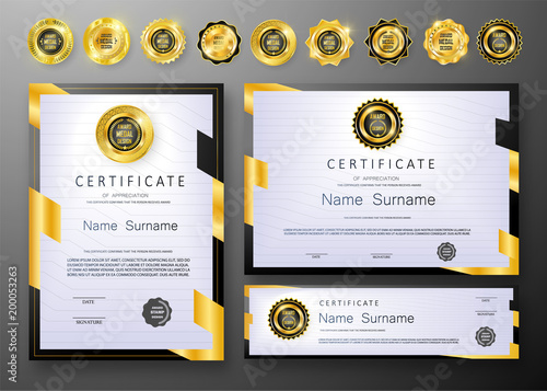 Qualification Certificate of appreciation design. Luxury vip and modern Certificate pattern, best quality award medal template, gold tapes, shapes, set of 6 medals types. Vector illustration. EPS 10.