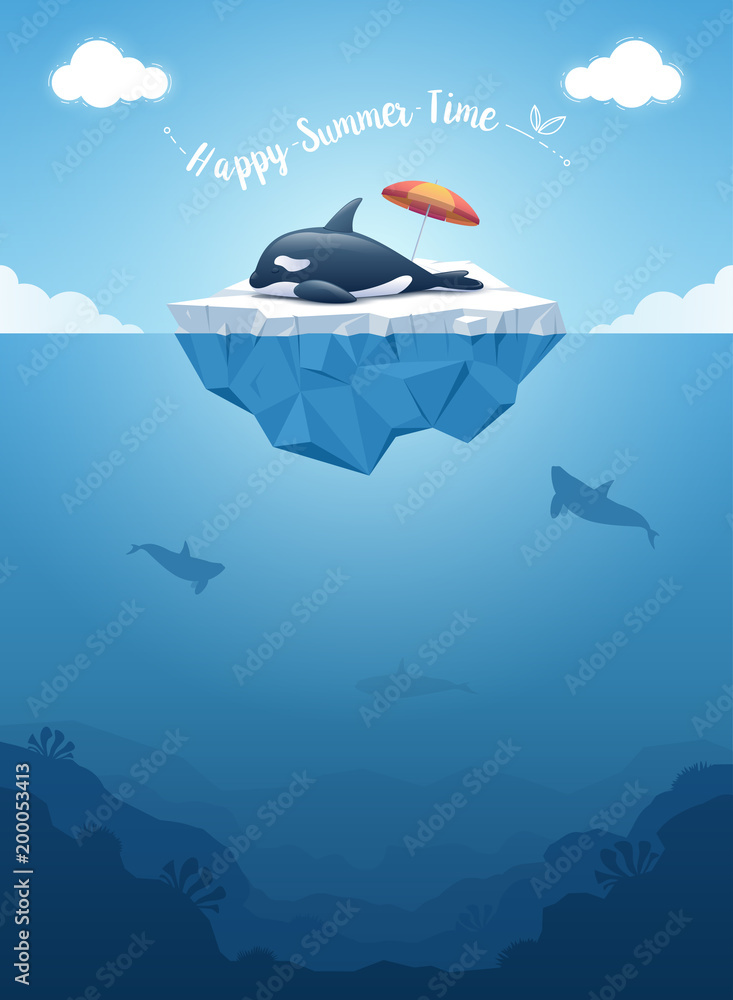 Naklejka premium Cute Orca or the killer whale sleeping on the iceberg with a message. Iceberg with above and underwater view. Whales swim in the ocean. Summer background concept. Vector illustration.