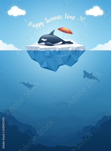 Cute Orca or the killer whale sleeping on the iceberg with a message. Iceberg with above and underwater view. Whales swim in the ocean. Summer background concept. Vector illustration.