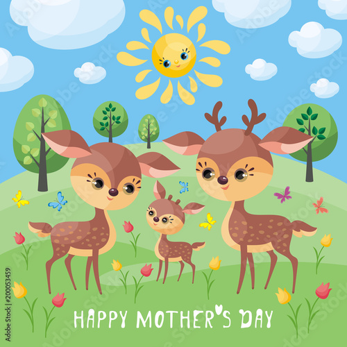 Deer family. Mother’s Day greeting card with cute animals and their cubs. Colorful vector illustration in cartoon style. © olga_a_belova