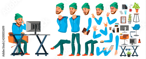 Business Man Worker Character Vector. Working Male Developer. Casual Clothes. Start Up, Office, Creative Studio. Animation Set. Bearded Salesman, Designer. Emotions, Expressions. Cartoon Illustration