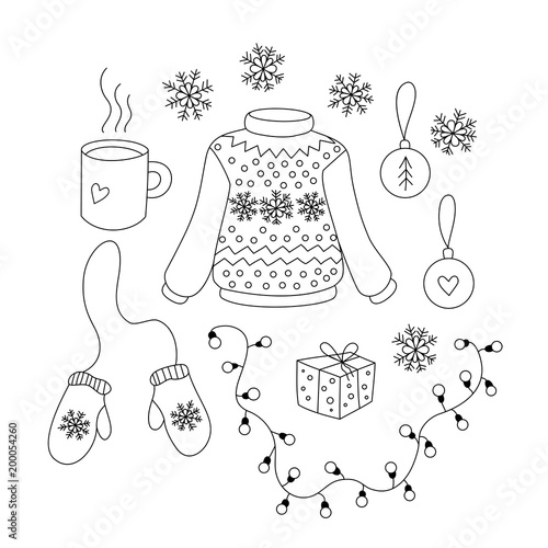 Christmas set with cartoon black and white objects. Collection of isolated vector elements for design of xmas greeting card, coloring book. Cute mittens, sweater, mug of tea, balls and gift.
