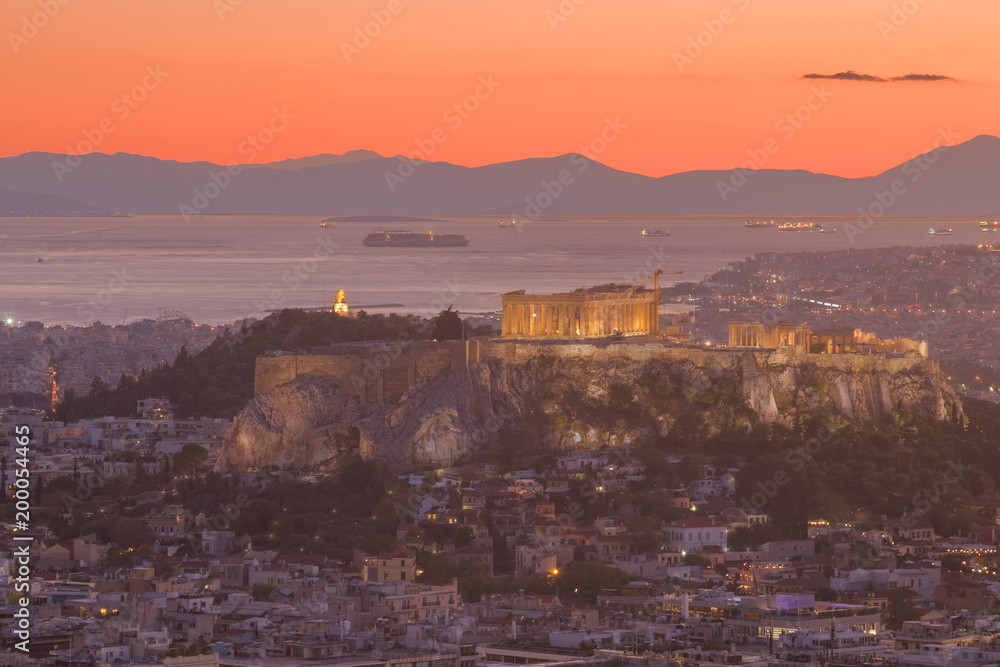 The view to Acropolis and Aegean sea in Athens