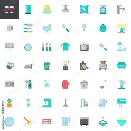 Homeware elements collection, flat icons set, Colorful symbols pack contains - refrigerator, vacuum cleaner, washing machine, microwave oven, food processor. Vector illustration. Flat style design
