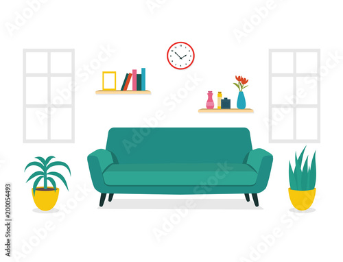 Modern design Living room interior. Design of room with a sofa,  window and decor accessories. 