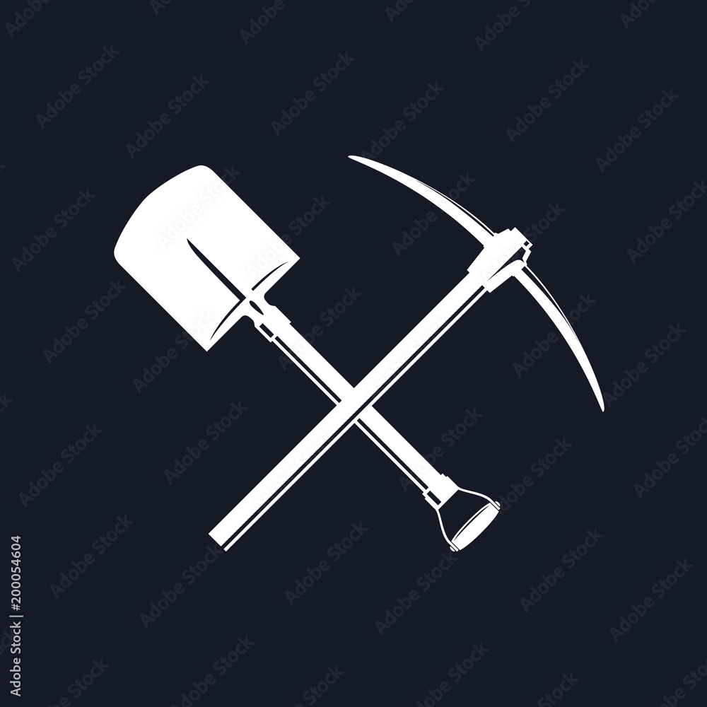 Silhouette of Crossed Spade and Pickaxe on a Black Background, Hand Tool for Excavation, Vector Illustration Silhouette of Crossed Spade and Pickaxe on a Black Background, Hand Tool for Excavation, Vector Illustration