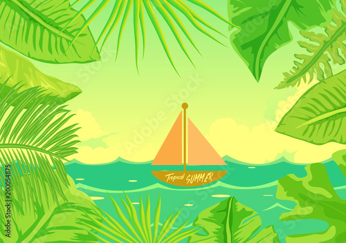 Bright tropical background with jungle plants. Exotic pattern with tropical leaves