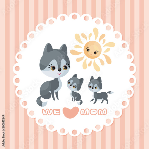 Wolf family. Mother’s Day greeting card with cute animals and their cubs. Colorful vector illustration in cartoon style.