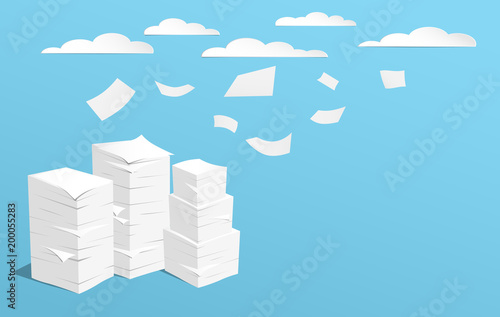 Stack of white sheets and flying paper in blue background with clouds on blue sky