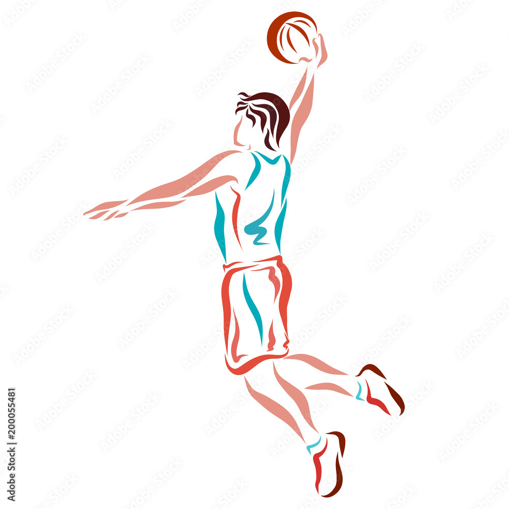 Basketball, jump with the ball, drawing smooth lines Stock