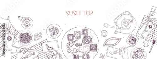 Horizontal banner with table full of Japanese meals and hands holding sushi, ...