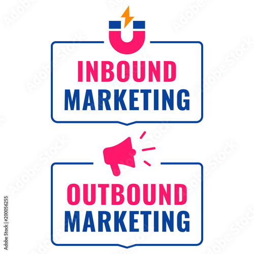 Inbound and outbound marketing. Badges with magnet and megaphone icons. Flat vector illustration on white background.