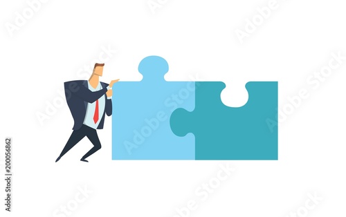 Businessman pushing the pieces of puzzles. Business concept of joint problem solving. Vector illustration, isolated on white background.