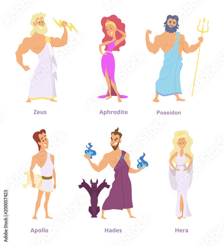 Ancient greek mythology. The gods and goddesses of olympus. Cartoon funny characters