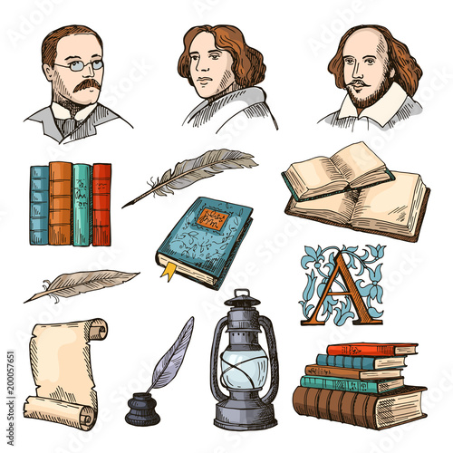 Colored symbols of literature and theatre. Doodle pictures set