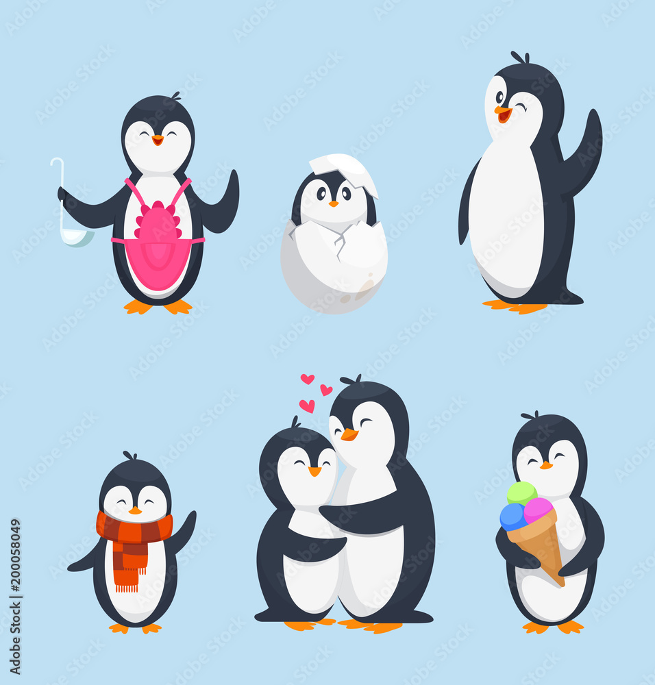 Fototapeta premium Funny pinguins in different action poses. Cartoon mascots isolate