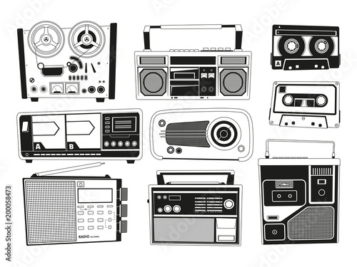 Monochrome pictures set of various vintage audio recorders