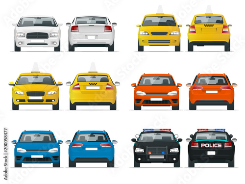 Set of different types of cars. Yellow taxi, police and sedan cab isolated over white background vector illustration flat. Front and rear view