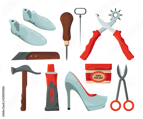 Tradesman in shoes repair workshop. Vector pictures isolate