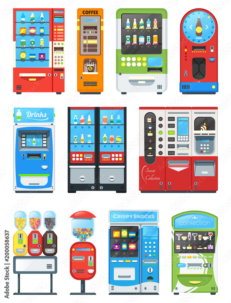 Vending machine vector vend food or beverages with candies and vendor machinery technology to buy snack or drinks illustration set isolated on white background Vending machine vector vend food or beverages with candies and vendor machinery technology to buy snack or drinks illustration set isolated on white background