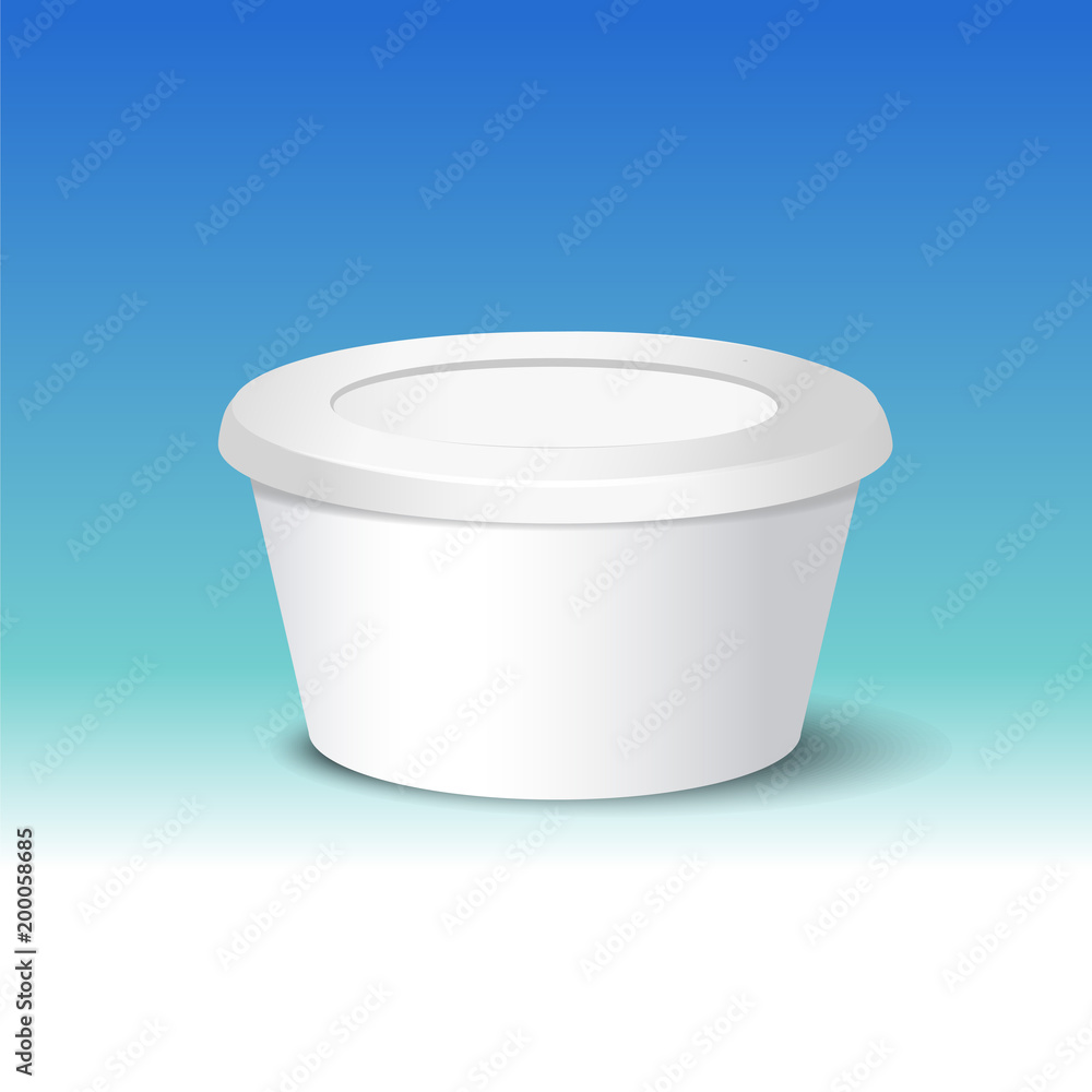 Vector realistic yogurt, ice cream or sour creme package on white backgrounnd. 3D illustration. Mock up of container isolated. Template for your design. Side view. Diminishing perspective Vector realistic yogurt, ice cream or sour creme package on white backgrounnd. 3D illustration. Mock up of container isolated. Template for your design. Side view. Diminishing perspective