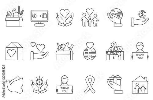 Symbols of volunteers and charities organisations. Monolines icons set
