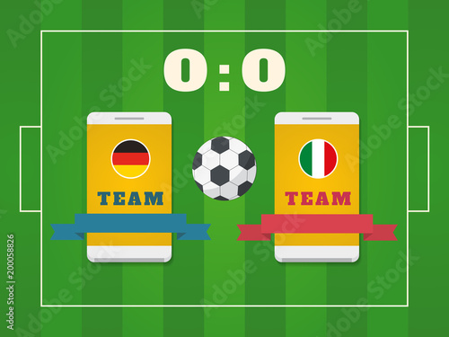 Football field, ball, scoreboard and smartphone with teams. Football online concept. Vector illustration.