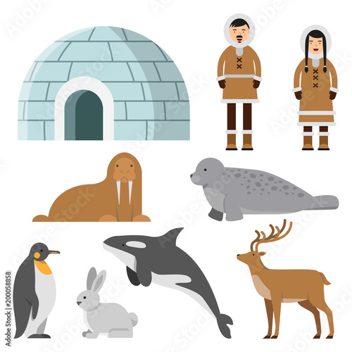 Polar, arctic animals and residents of the north near eskimo ice house photo