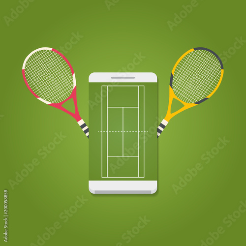 Smartphone with tennis field on screen and rackets. Tennis concept. Vector illustration.