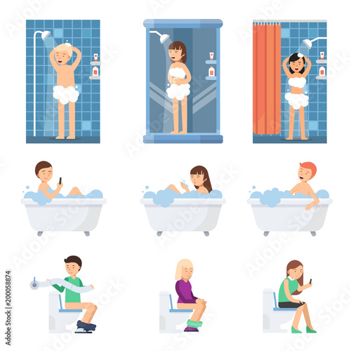 Male and women take a shower in bathroom. Flat illustrations of flat peoples
