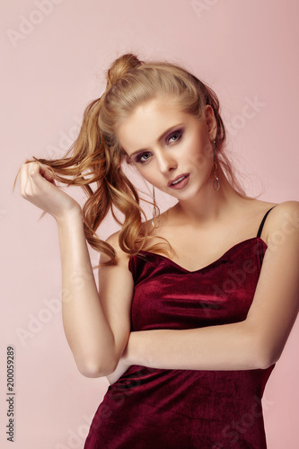  woman in dress in colorful bright lights