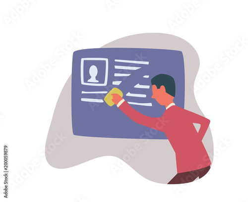 Right to be forgotten in the internet. A man erases information about himself. Concept vector illustration, isolated on white background.