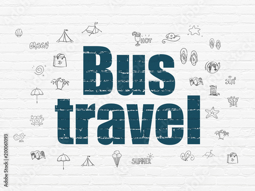 Tourism concept  Painted blue text Bus Travel on White Brick wall background with  Hand Drawn Vacation Icons