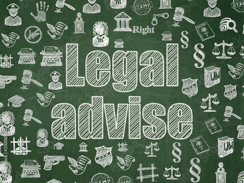 Law concept: Chalk White text Legal Advise on School board background with  Hand Drawn Law Icons, School Board