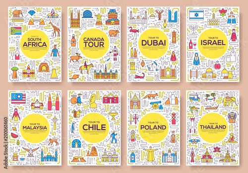 Set of thin line travel world country concept. Art traditional, magazine, book, poster, abstract, banners, element. Vector outline package greeting card or invitation design background