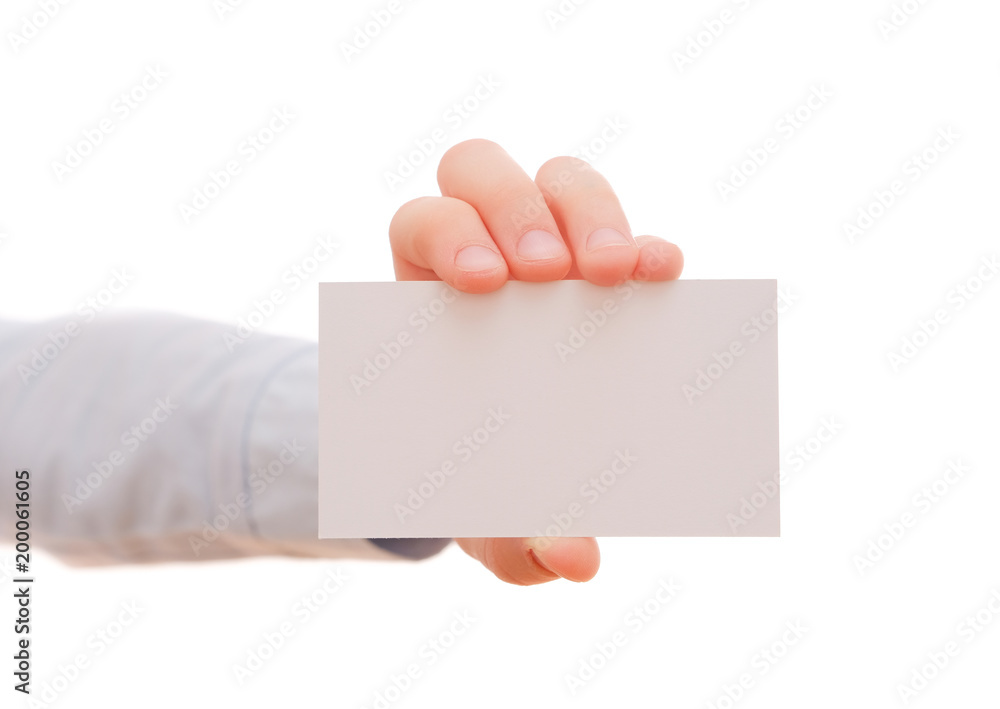 Child's hand showing an empty business card Child's hand showing an empty business card
