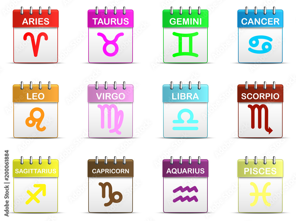 Colorful tear off calendar with Zodiac sign symbol icon for Vector graphic idea design concept