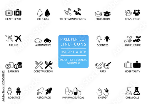 Pixel perfect thin line icons and symbols of various industries / business sectors like telecommunications, chemicals, aerospace, automotive, banking, consulting