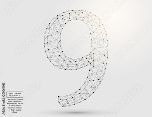 Abstract number nine, figure 9, consisting of triangles, circles, spots of decay, stars. Vector eps 10.