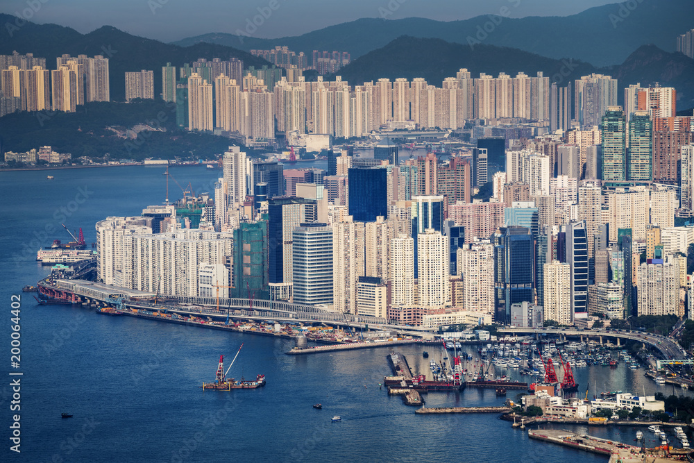 Buildings and harbor, Hong Kong.
