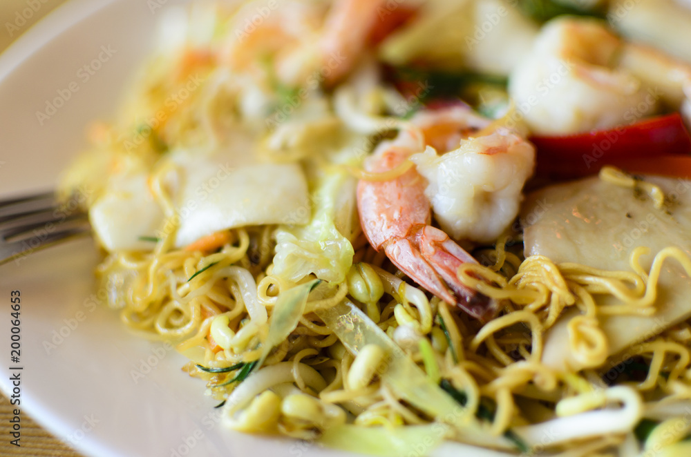 Dish from shrimps, noodles, seafood Dish from shrimps, noodles, seafood