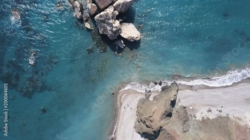 Beautiful sea aerial view, drone shot along the coast of Petra tou Romiou, Cyprus