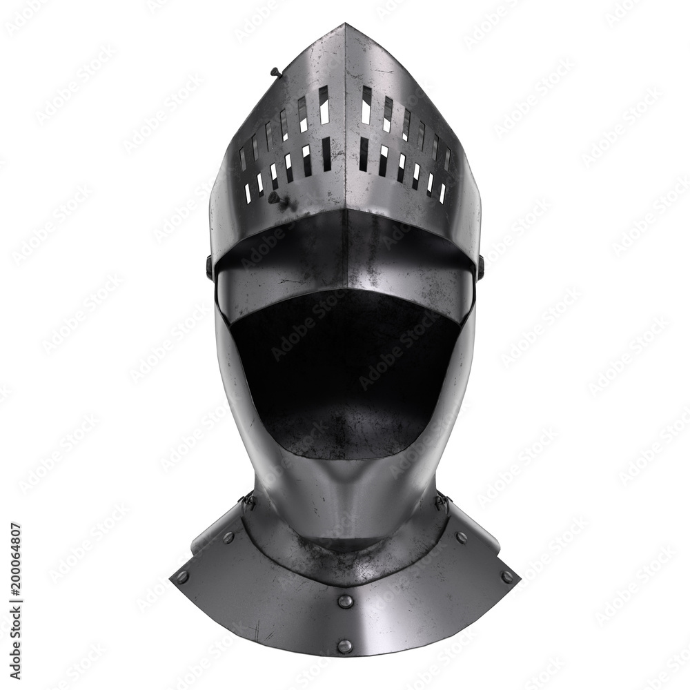 Medieval Knight Armet Helmet with open visor. Front view. Used for