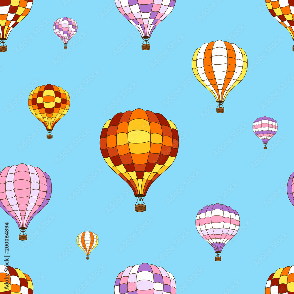 Fototapeta premium Vector seamless pattern from colorful hot air balloons on blue sky background