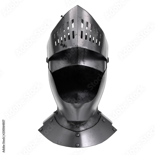 Medieval Knight Armet Helmet with open visor. Front view. Used for tournaments or battlefields. 3D render Illustration Isolated on white background.