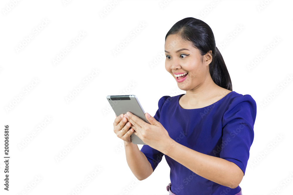 young asian woman with glad expression ,on white background young asian woman with glad expression ,on white background