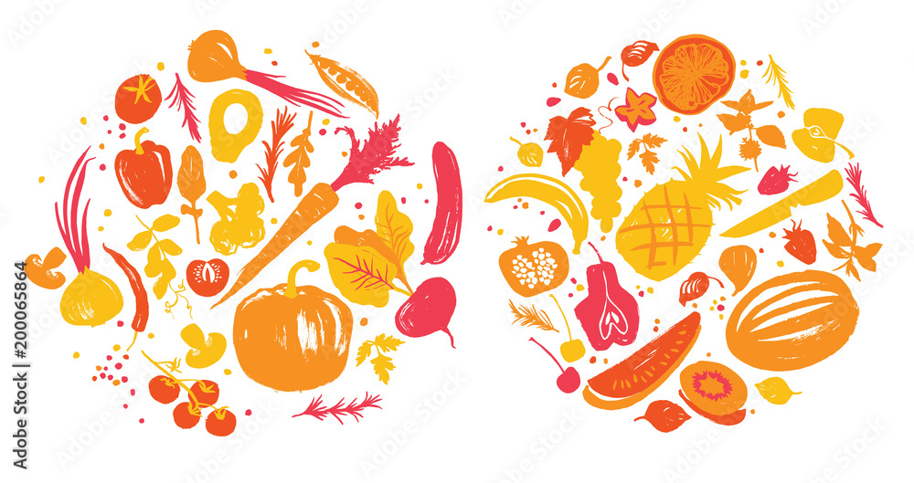 Yellow-red colored various of vegetables and fruit in a circle. Label for restaurant menu or farm market. Yellow-red colored various of vegetables and fruit in a circle. Label for restaurant menu or farm market.