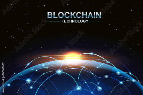 blockchain and bitcoin technology concept vector background. Big data, node, circuit networking above the planet Earth.