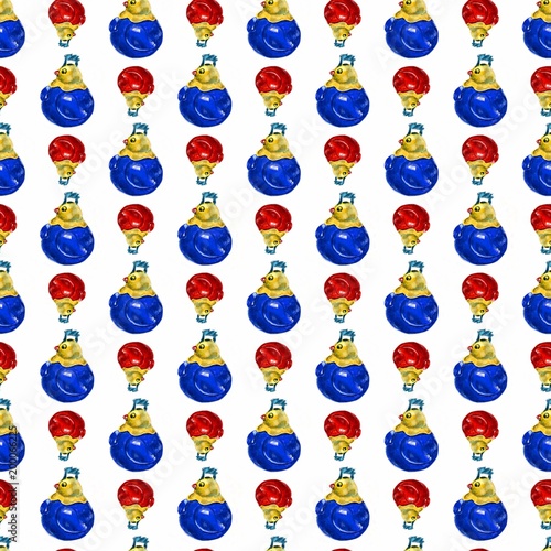 Seamless pattern with toy - roly-poly cock. Watercolor illustration toys on a white background. photo